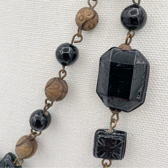 Long Black Ceramic, Acrylic & Bronze Color Beaded Two Strand Necklace - Picture 4 of 9